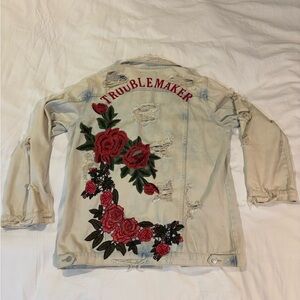 Emory Park Light Denim Jacket with Red Rose Embroidery “TroubleMaker”